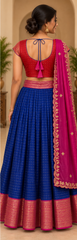 Royal Blue Lehenga Choli / Langa Voni, Red Blouse & Pink Embroidered Dupatta, 3 Piece South Indian Half Saree Set