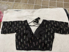 Readymade Stretchable Saree Blouse - Black Gold Floral Print, Size 36-40
