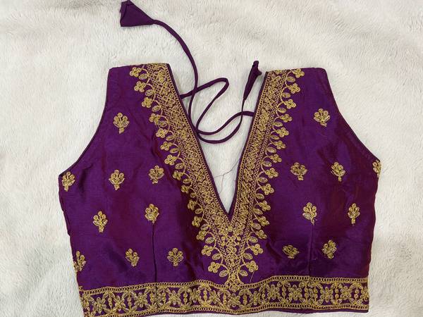 Readymade Stretchable Saree Blouse - Purple/Magenta with Gold Border, Size 36-40