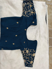 Readymade Stretchable Saree Blouse - Navy with Gold Paisley Embroidered Sleeves, Size 36-40