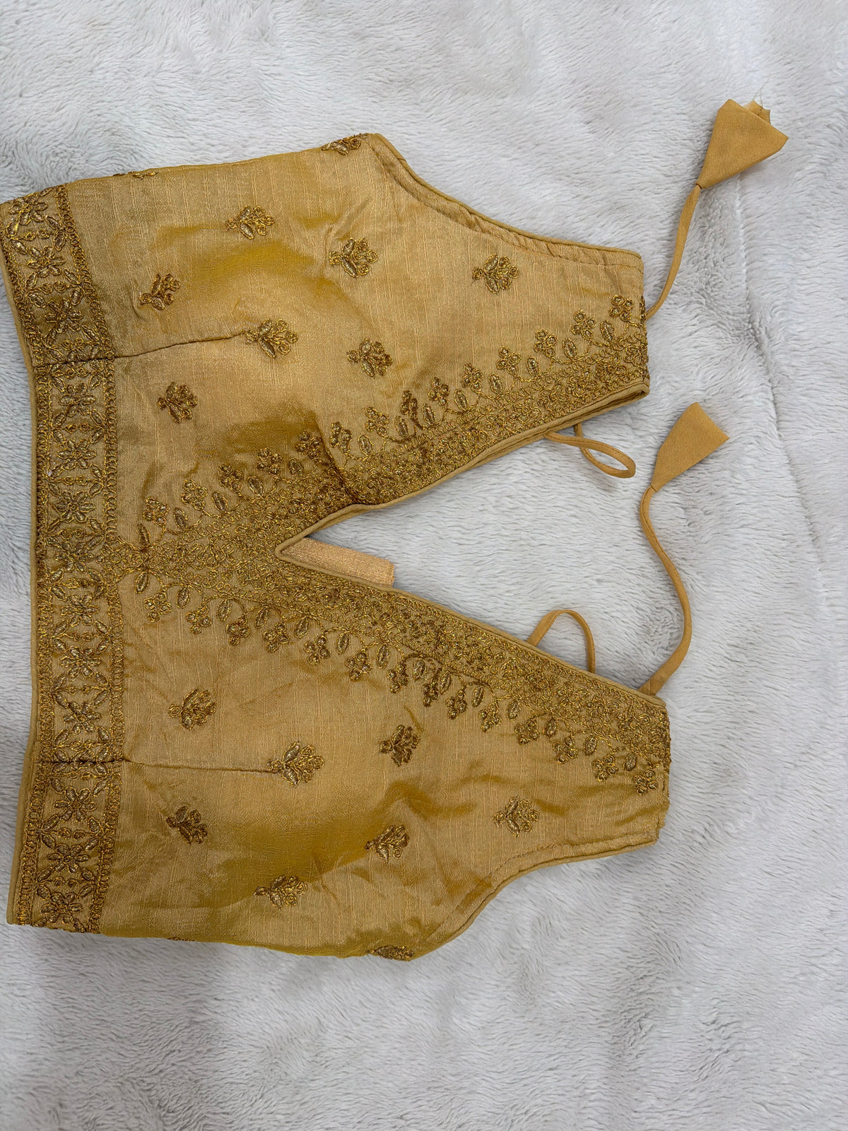Readymade Stretchable Saree Blouse - Gold/Tan Floral Embroidered, Size 36-40