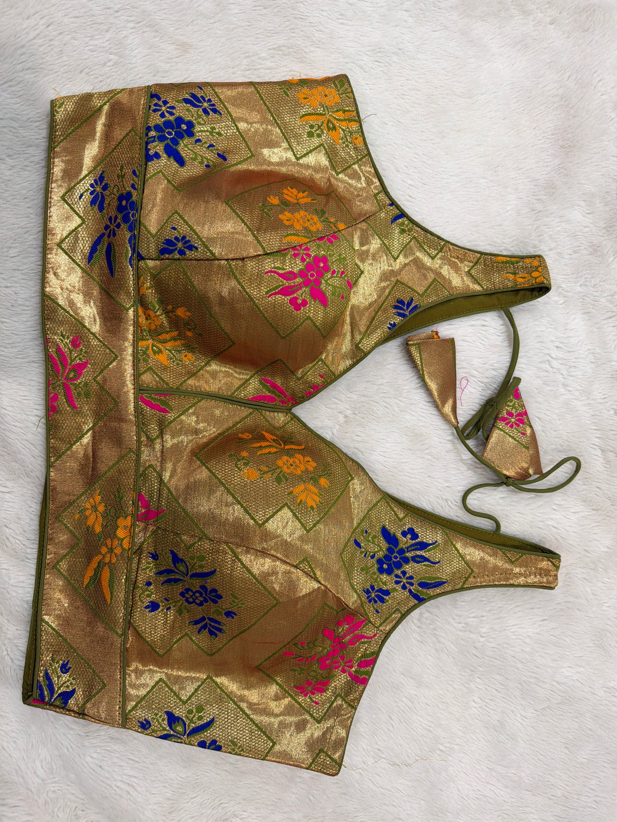 Readymade Stretchable Saree Blouse - Gold Brocade Multicolor Floral, Size 36-40
