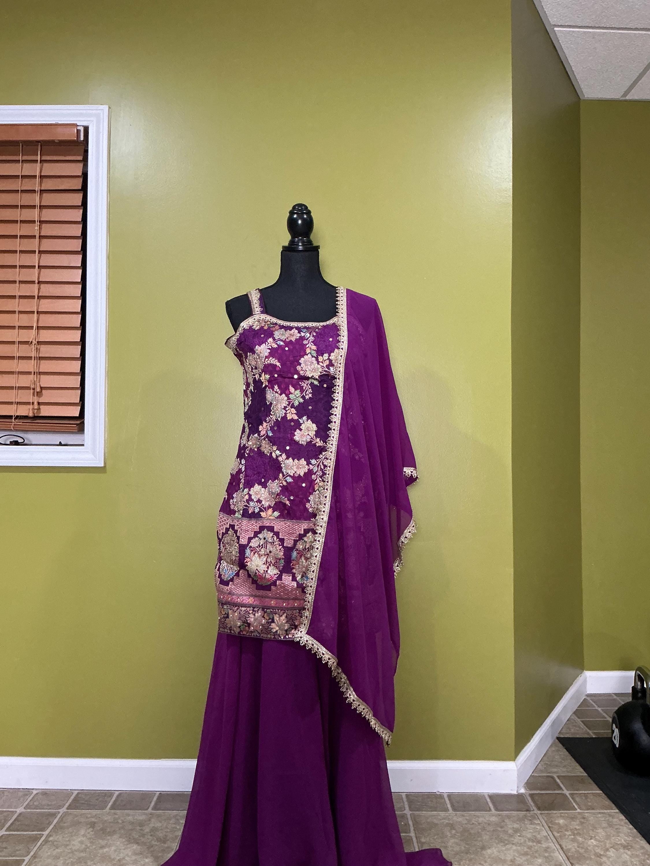 Purple Brocade Sharara Set - 3-Piece Indian Floral Embroidered Outfit with Dupatta