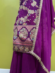 Purple Brocade Sharara Set - 3-Piece Indian Floral Embroidered Outfit with Dupatta