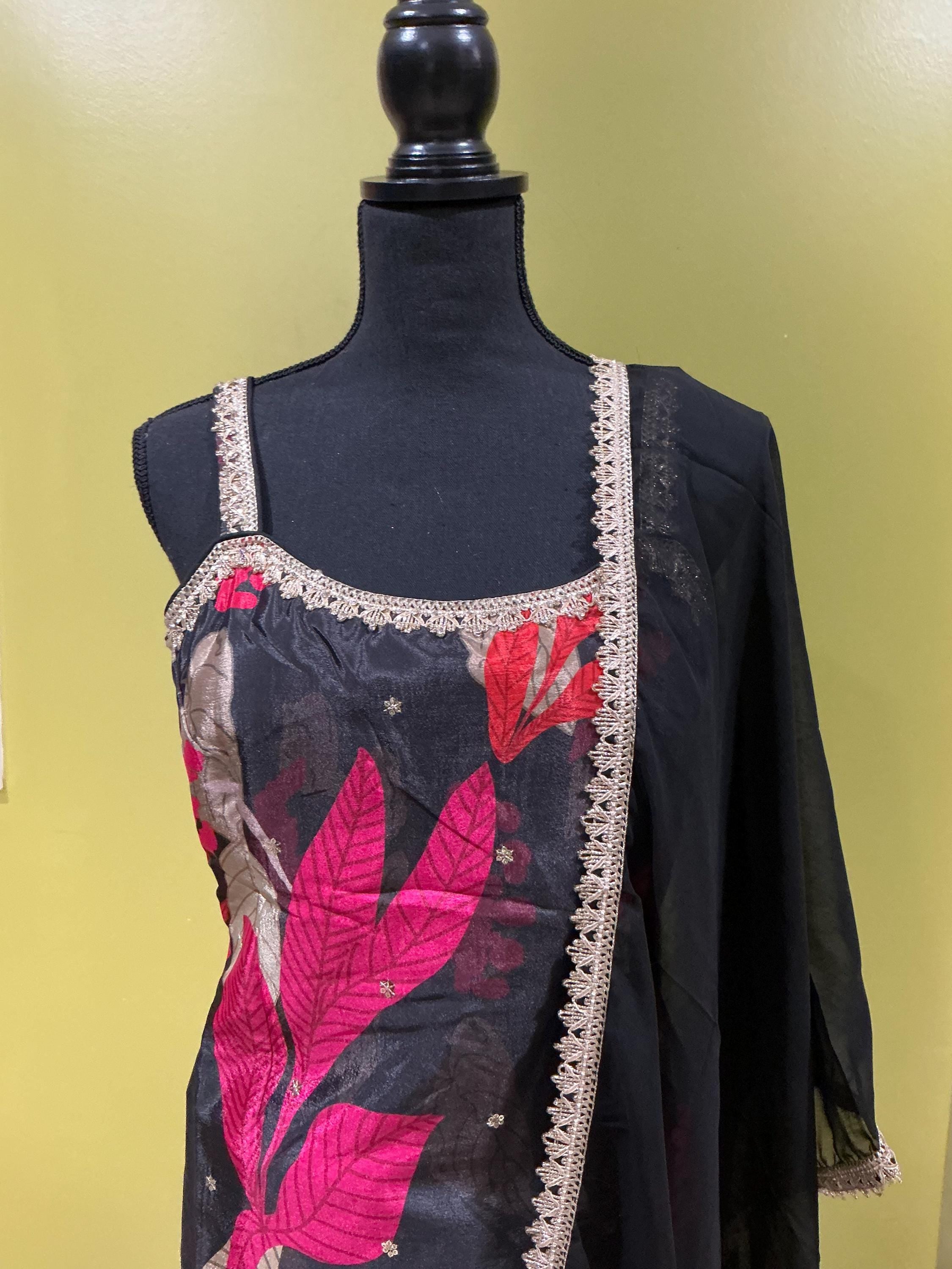 Black Floral Print Sharara Set - 3-Piece Indian Outfit with Beaded Border Dupatta