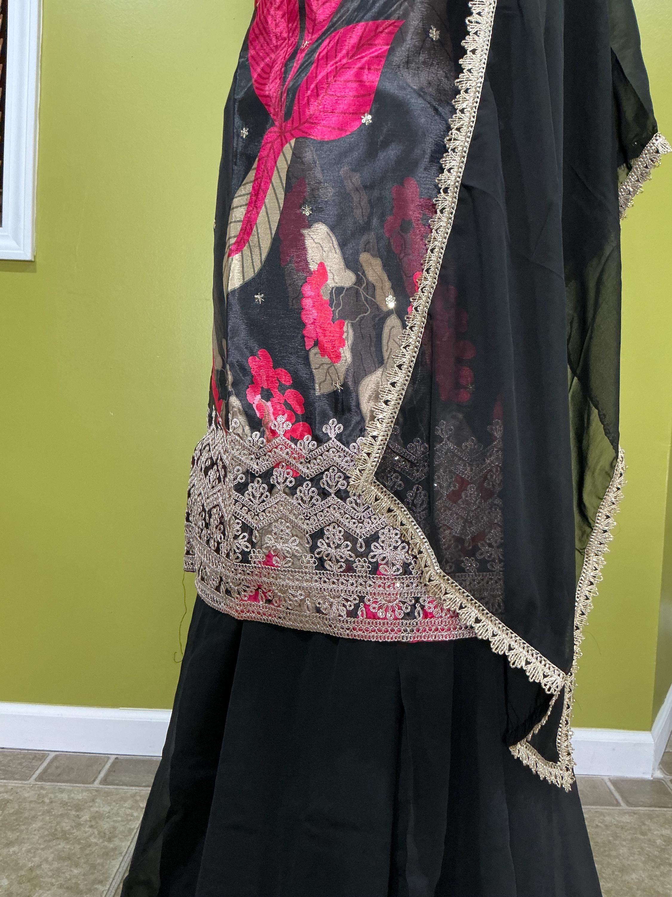 Black Floral Print Sharara Set - 3-Piece Indian Outfit with Beaded Border Dupatta