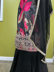 Black Floral Print Sharara Set - 3-Piece Indian Outfit with Beaded Border Dupatta
