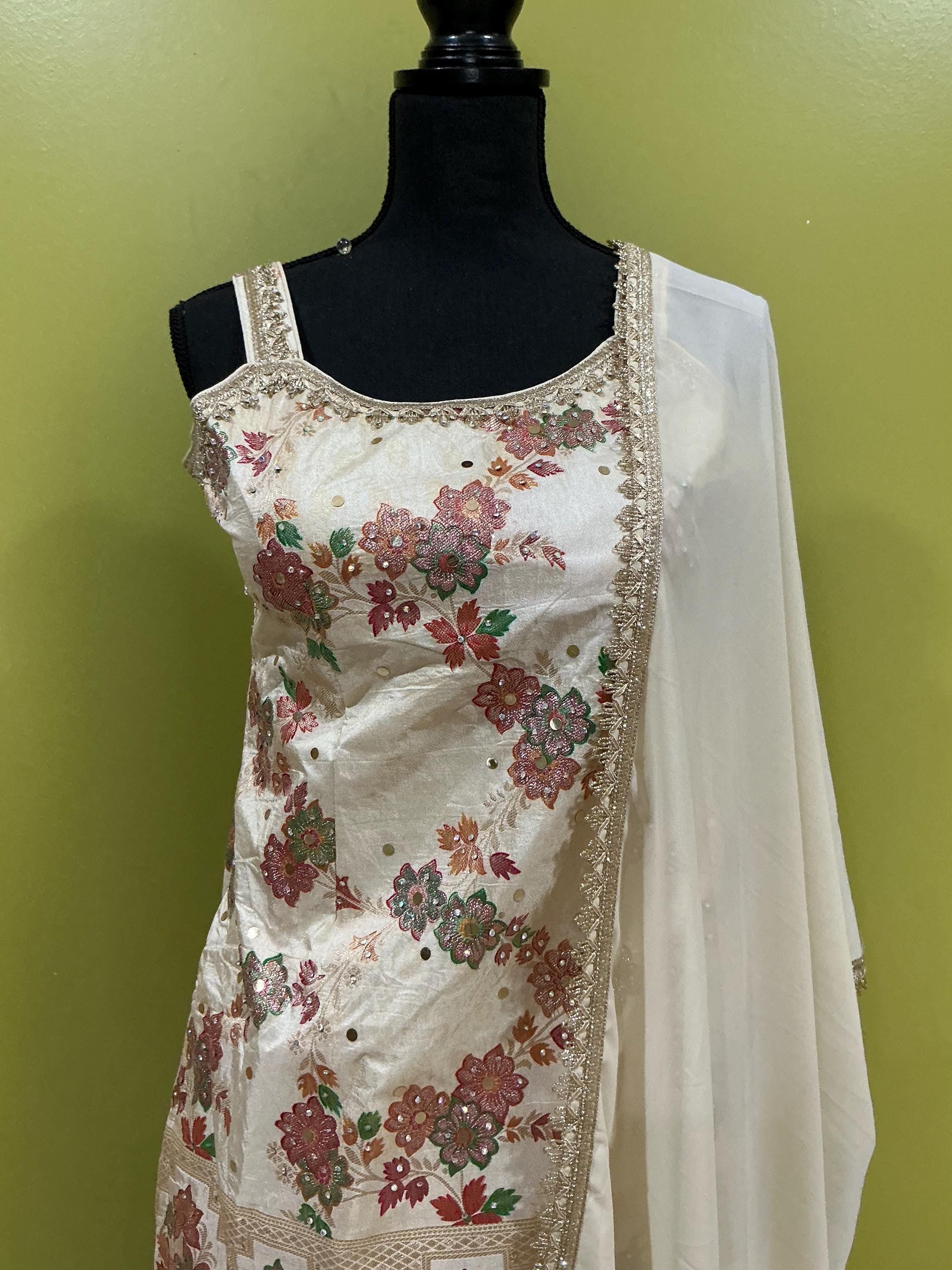 Off-White Brocade Sharara Set - 3-Piece Indian Floral Embroidered Outfit with Dupatta