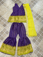 Purple Lime Green Gold Foil Peplum Top - 3-Piece Indian Gharara Set with Dupatta