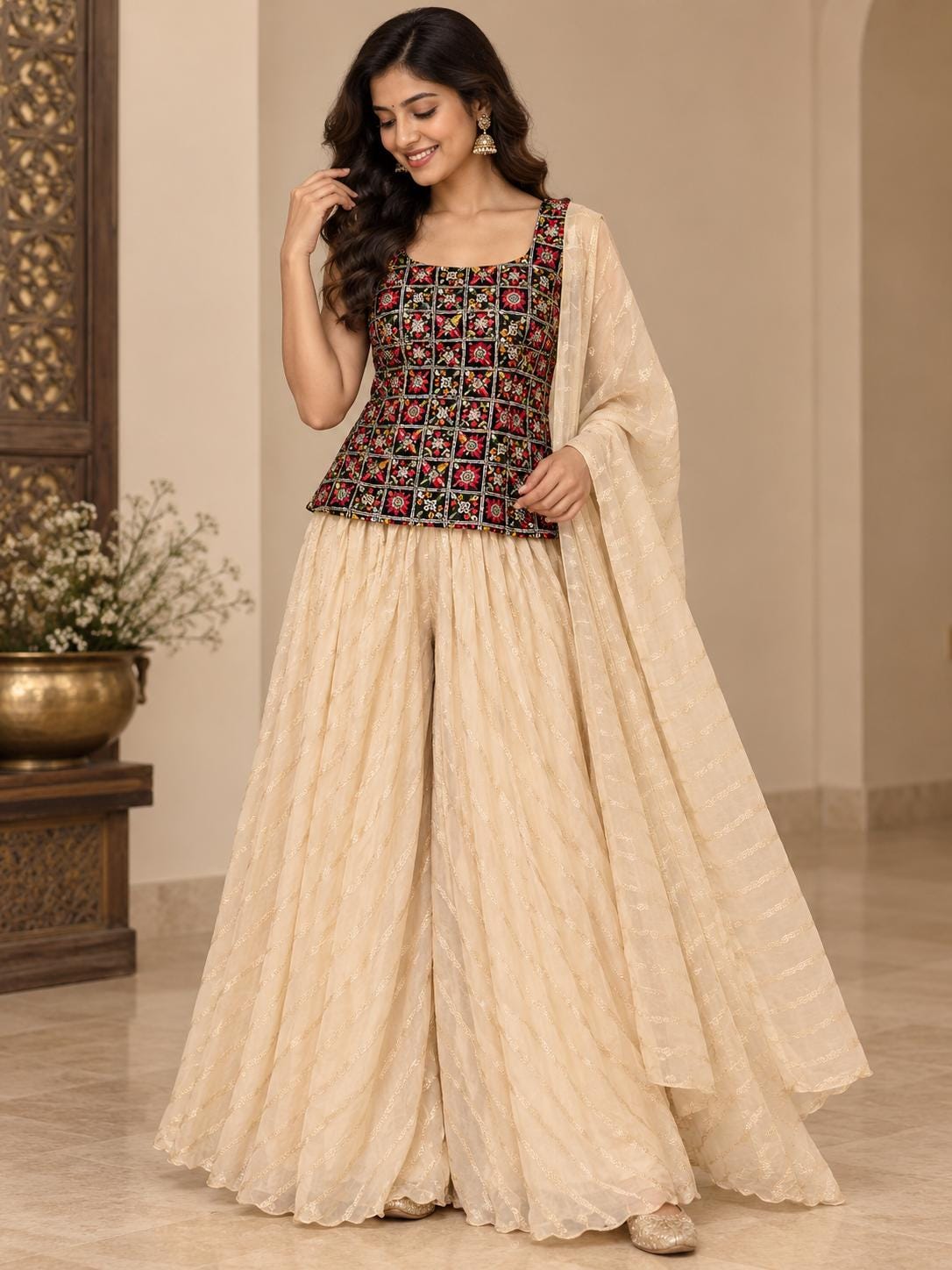 Navy Blue Mirror Work Peplum Top - 3-Piece Indian Sharara Palazzo Set with Dupatta