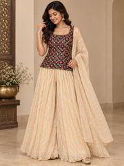Navy Blue Mirror Work Peplum Top - 3-Piece Indian Sharara Palazzo Set with Dupatta