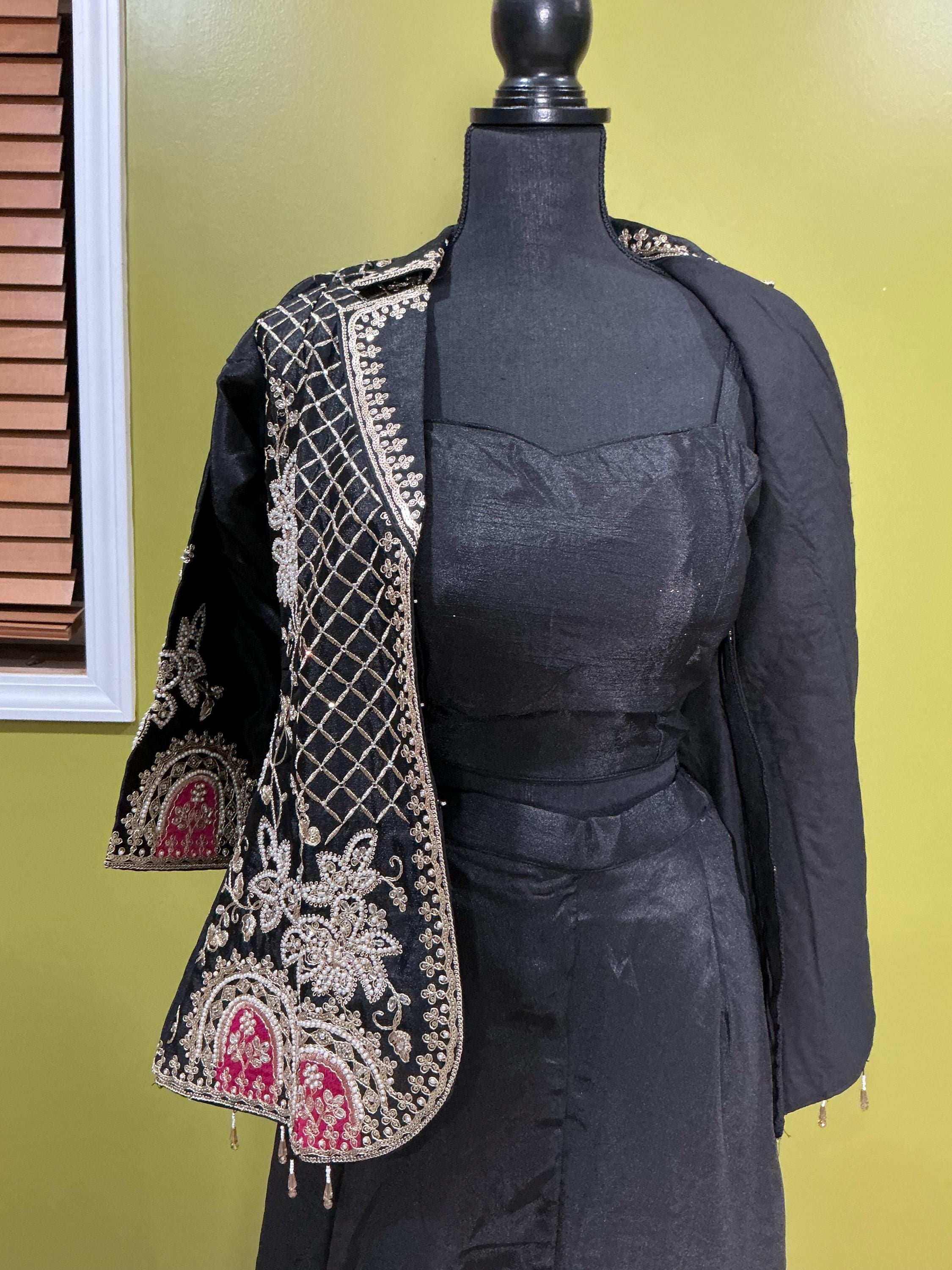 Black 3-Piece Sharara Set - Indian Embroidered Long-Sleeve Coat Outfit