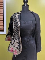 Black 3-Piece Sharara Set - Indian Embroidered Long-Sleeve Coat Outfit