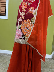 Red Maroon Ombre Sharara Set - 3-Piece Indian Floral Outfit with Rust Orange Dupatta