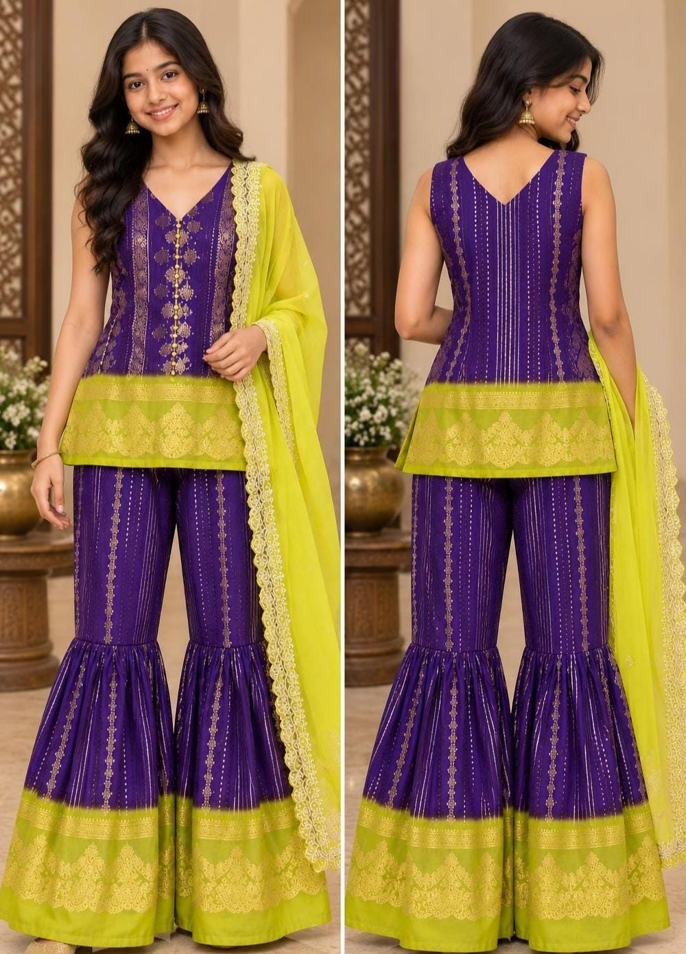 Purple Lime Green Gold Foil Peplum Top - 3-Piece Indian Gharara Set with Dupatta