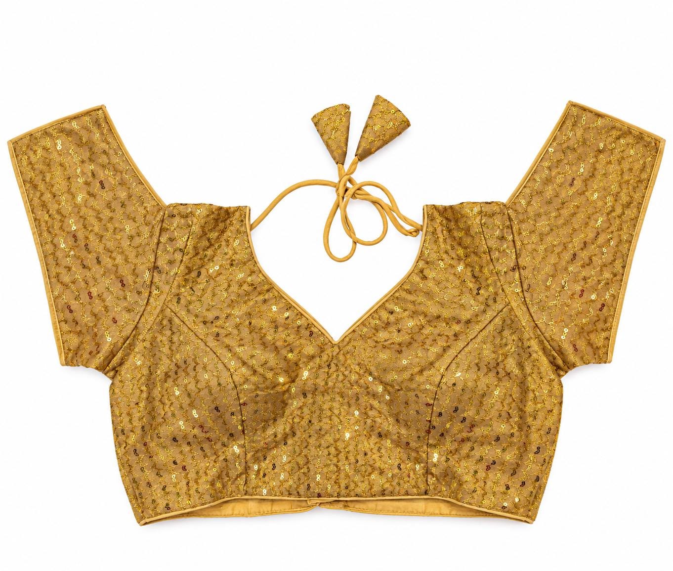 Gold Banarasi Saree Blouse - Sequin Bead Embroidered Tie-Back Top (Bust 38-42)