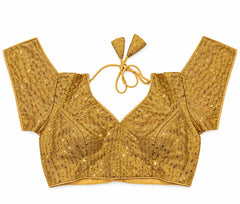 Gold Banarasi Saree Blouse - Sequin Bead Embroidered Tie-Back Top (Bust 38-42)