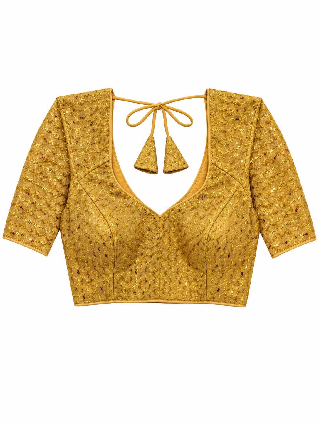 Gold Banarasi Saree Blouse - Sequin Bead Embroidered Tie-Back Top (Bust 38-42)