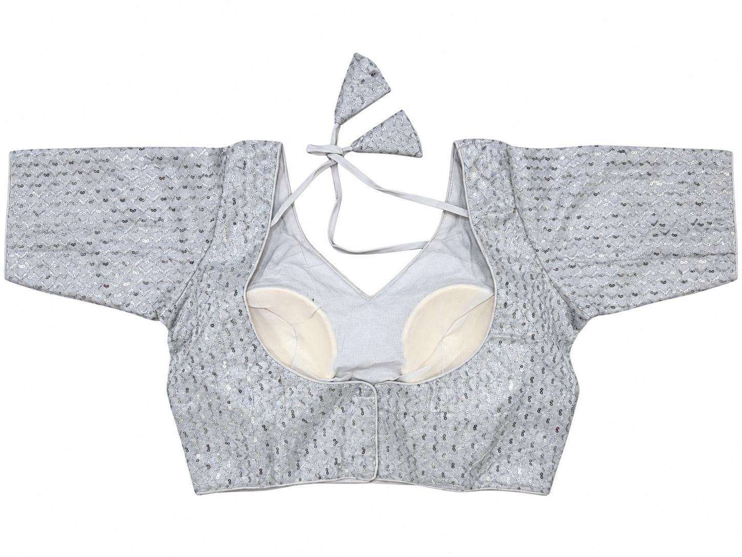 Silver Banarasi Saree Blouse - Sequin Diamond Embroidered Tie-Back Top (Bust 38-42)