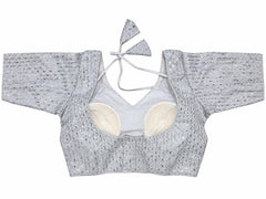 Silver Banarasi Saree Blouse - Sequin Diamond Embroidered Tie-Back Top (Bust 38-42)