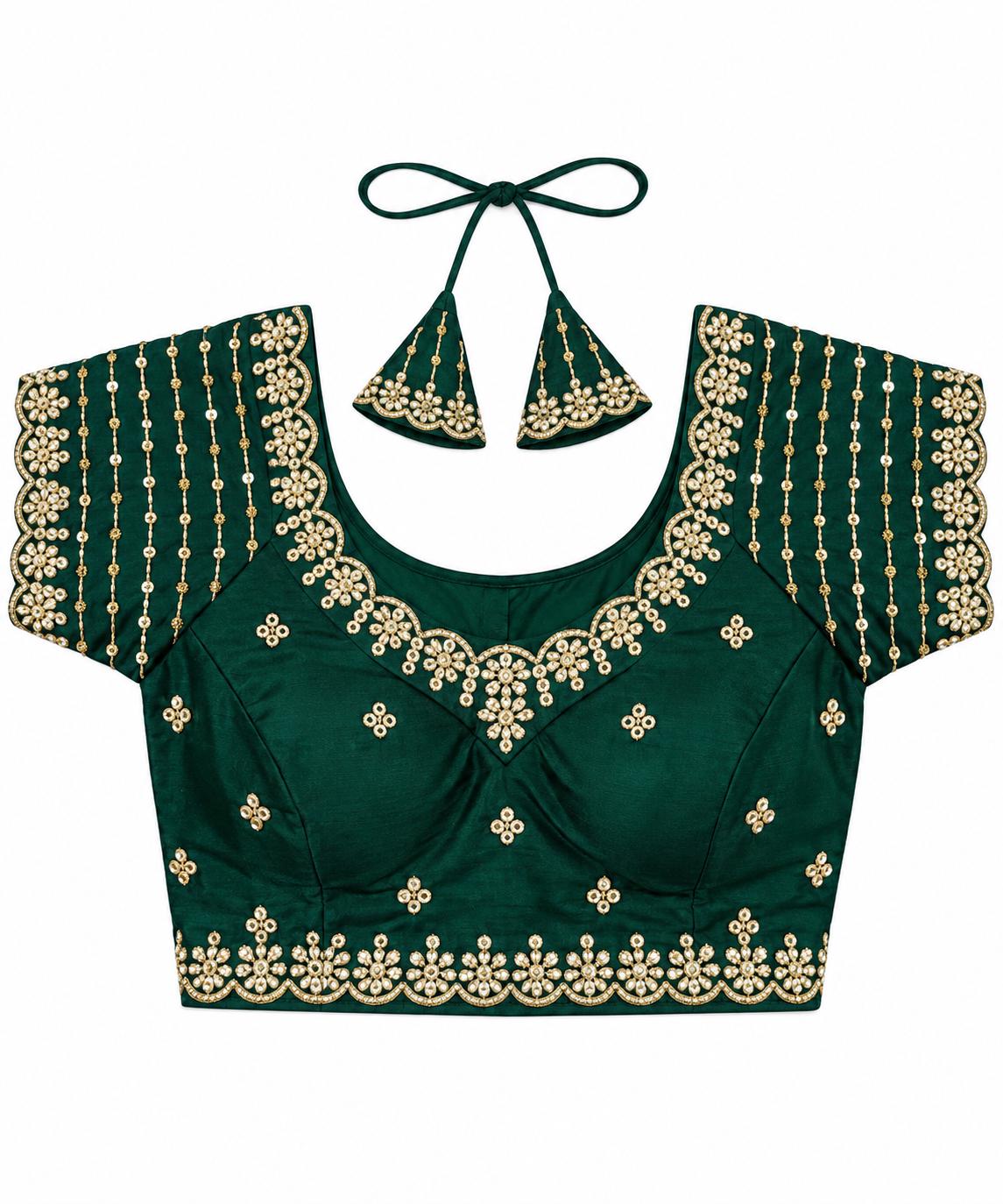 Green Satin Silk Saree Blouse - Kundan Pearl Embroidered Tie-Back Top (Bust 38-42)