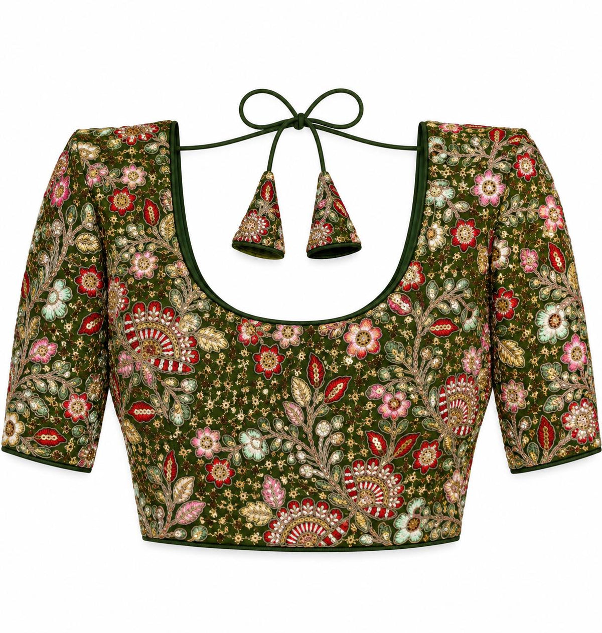 Olive Green Saree Blouse - Savyasachi Style Floral Embroidered Tie-Back Top (Bust 38-42)