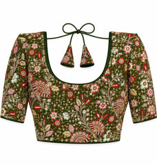 Olive Green Saree Blouse - Savyasachi Style Floral Embroidered Tie-Back Top (Bust 38-42)