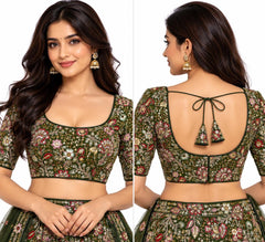 Olive Green Saree Blouse - Savyasachi Style Floral Embroidered Tie-Back Top (Bust 38-42)