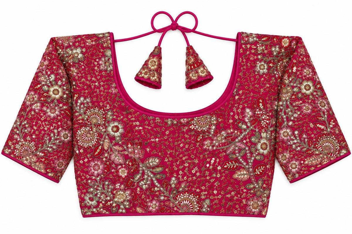 Rani Pink Saree Blouse - Savyasachi Style Floral Embroidered Tie-Back Top (Bust 38-42)