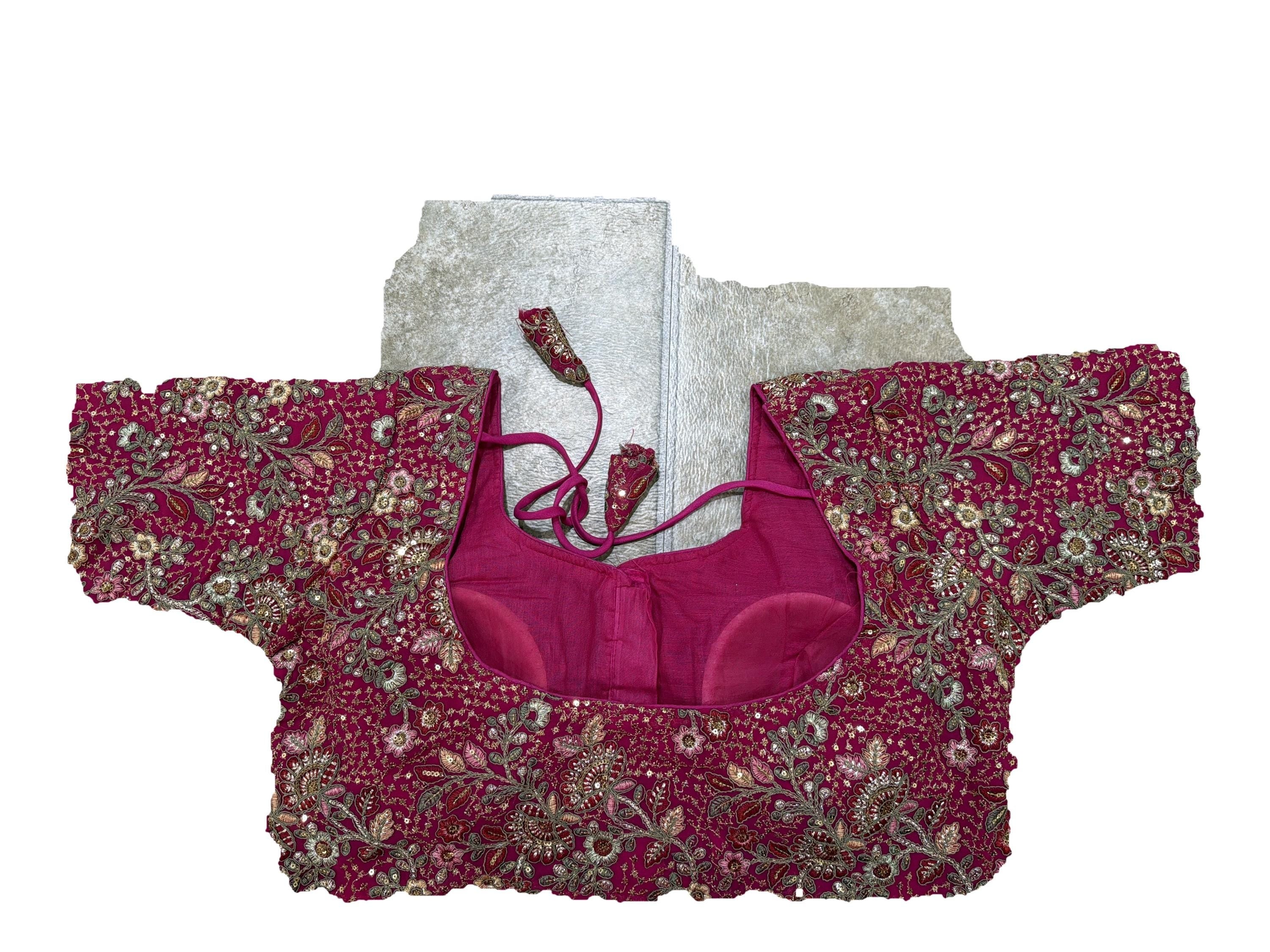 Rani Pink Saree Blouse - Savyasachi Style Floral Embroidered Tie-Back Top (Bust 38-42)
