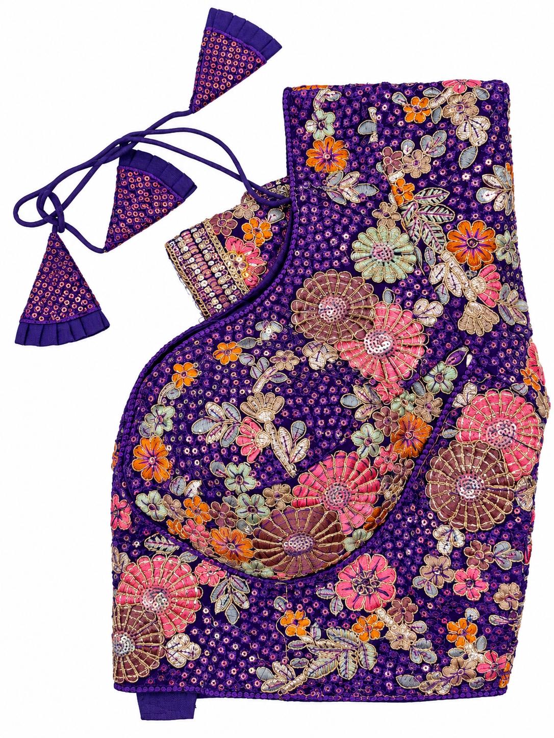 Deep Purple Saree Blouse - Savyasachi Style Floral Embroidered Tie-Back Top (Bust 38-42)