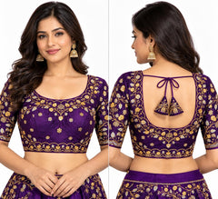 Deep Purple Saree Blouse - Savyasachi Style Vine Embroidered Scoop Neck Top (Bust 38-42)