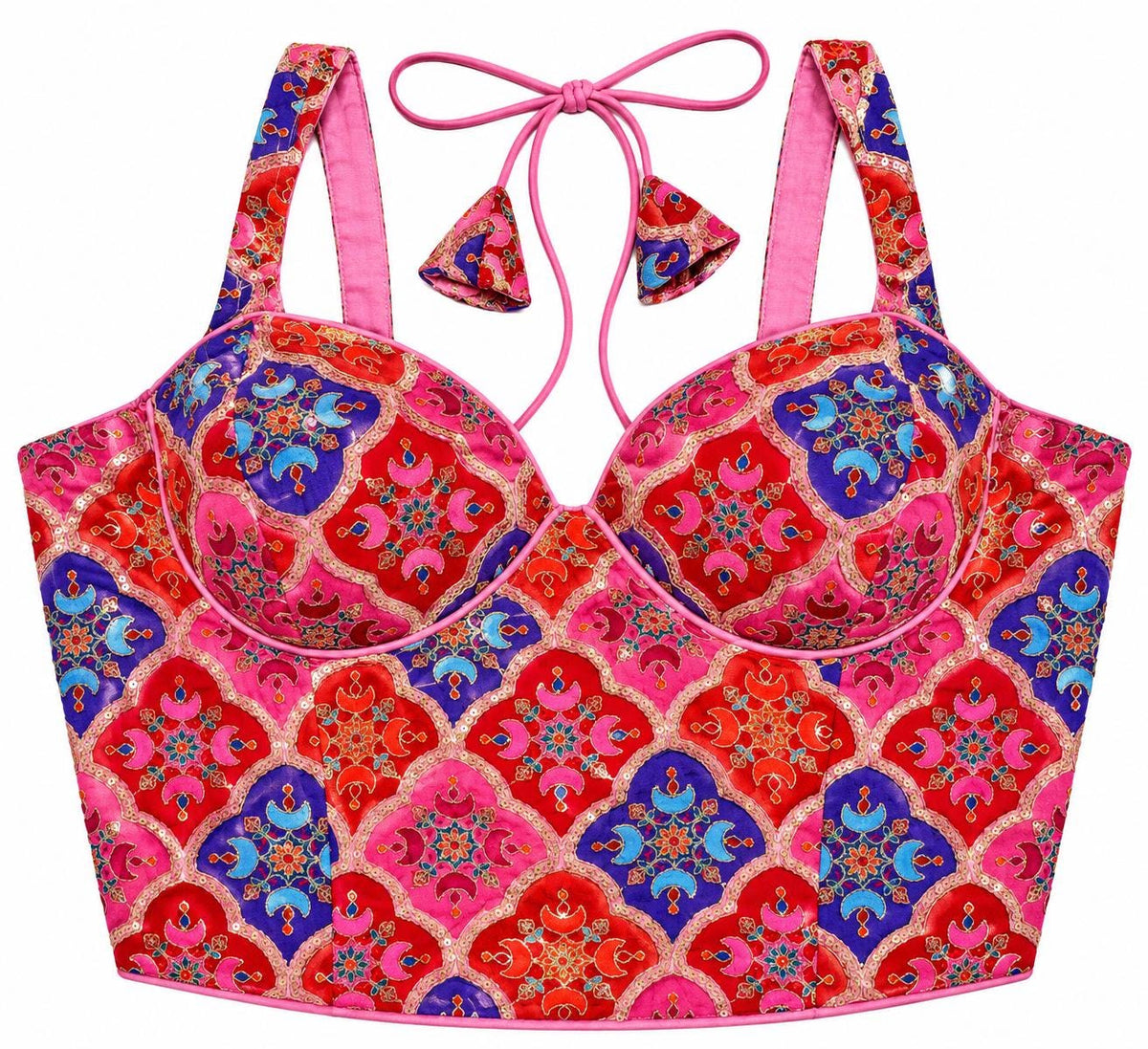 Red Halter Crop Top - Savyasachi Style Indian Blouse with Moroccan Tile Print (Bust 36-40)
