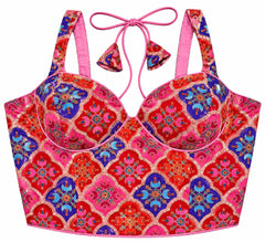 Red Halter Crop Top - Savyasachi Style Indian Blouse with Moroccan Tile Print (Bust 36-40)