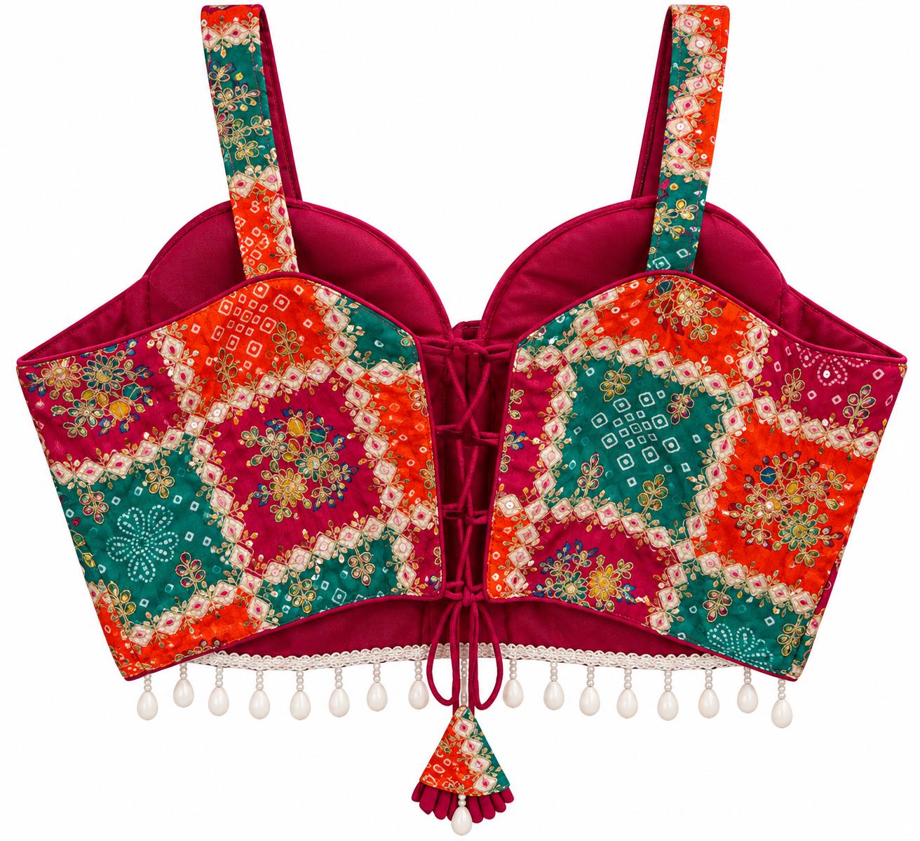Orange Halter Crop Top - Savyasachi Style Bandhani Print Blouse with Pearl Fringe (Bust 36-40)