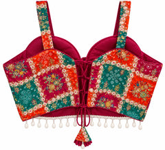 Orange Halter Crop Top - Savyasachi Style Bandhani Print Blouse with Pearl Fringe (Bust 36-40)