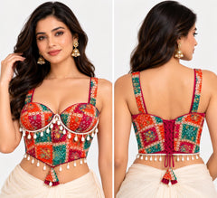 Orange Halter Crop Top - Savyasachi Style Bandhani Print Blouse with Pearl Fringe (Bust 36-40)