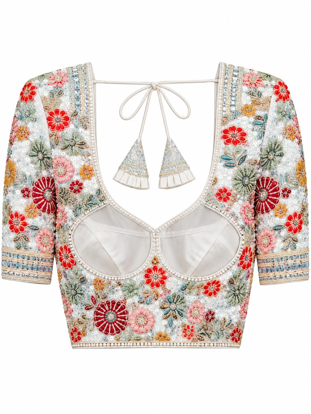 Ivory White Saree Blouse - Savyasachi Style Floral Embroidered Tie-Back Top (Bust 38-42)