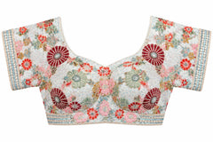 Ivory White Saree Blouse - Savyasachi Style Floral Embroidered Tie-Back Top (Bust 38-42)