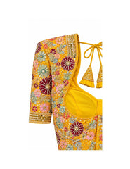 Mustard Yellow Saree Blouse - Savyasachi Style Floral Embroidered Tie-Back Top (Bust 38-42)