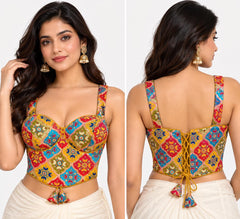 Mustard Yellow Halter Crop Top - Savyasachi Style Indian Blouse with Moroccan Tile Print (Bust 36-40)
