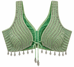 Pastel Green Beaded Crop Top - Indian Designer Blouse with Stone Embroidery, V-Neck (Bust 36-40)
