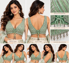 Pastel Green Beaded Crop Top - Indian Designer Blouse with Stone Embroidery, V-Neck (Bust 36-40)