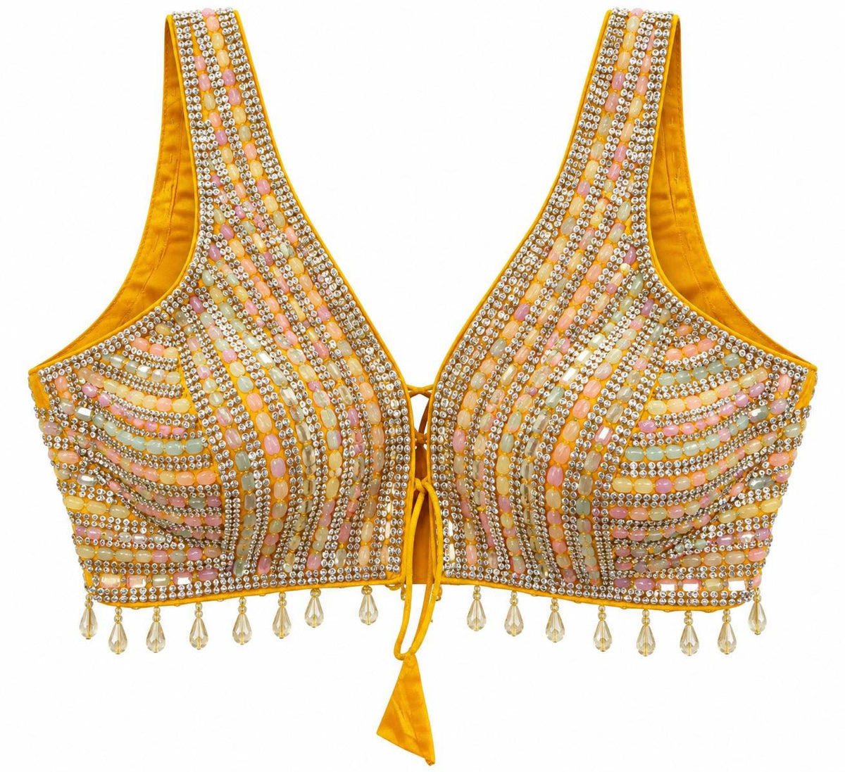 Mustard Yellow Beaded Crop Top - Indian Designer Blouse with Stone Embroidery, V-Neck (Bust 36-40)