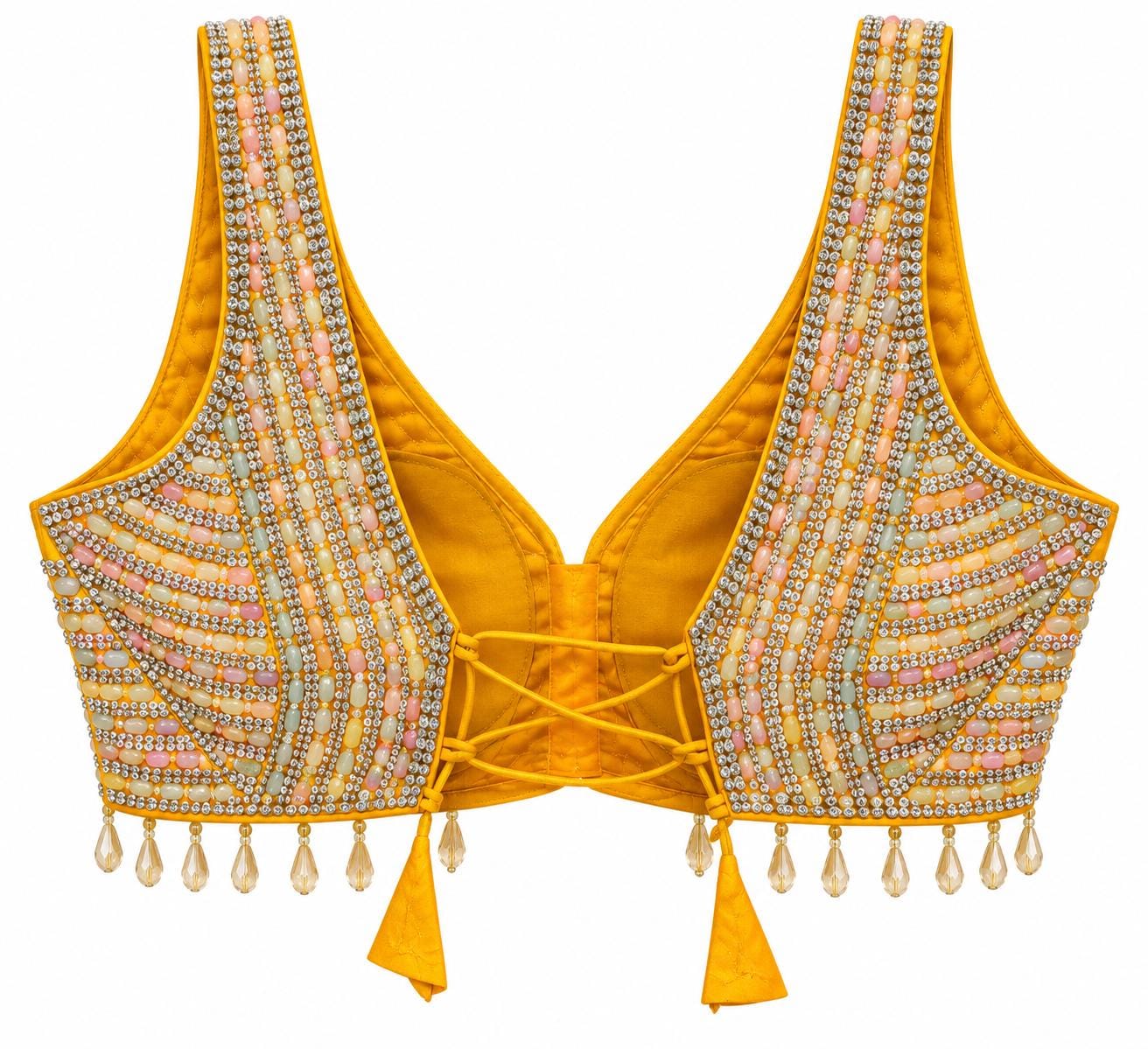 Mustard Yellow Beaded Crop Top - Indian Designer Blouse with Stone Embroidery, V-Neck (Bust 36-40)