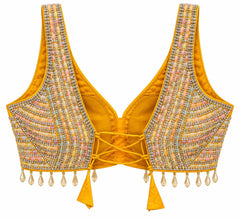 Mustard Yellow Beaded Crop Top - Indian Designer Blouse with Stone Embroidery, V-Neck (Bust 36-40)
