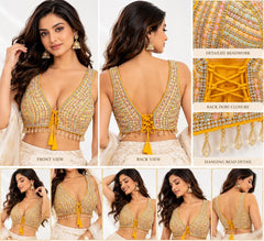 Mustard Yellow Beaded Crop Top - Indian Designer Blouse with Stone Embroidery, V-Neck (Bust 36-40)