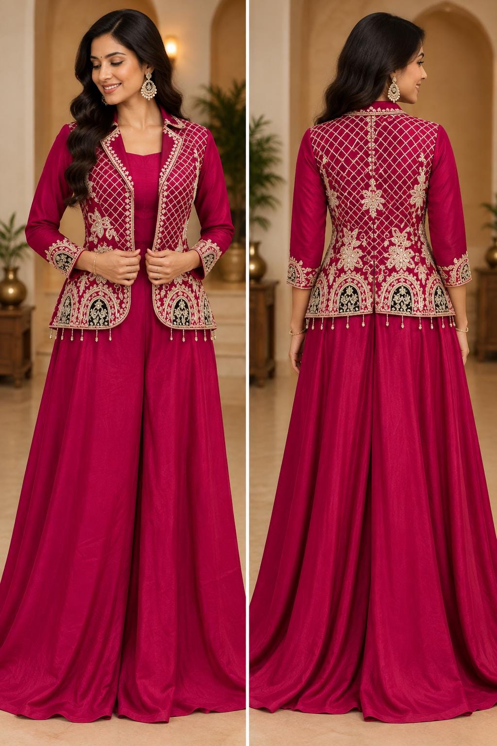 Pink 3-Piece Sharara Set - Indian Embroidered Long-Sleeve Coat Outfit