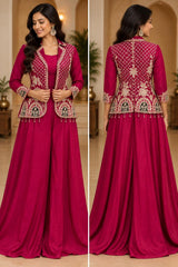 Pink 3-Piece Sharara Set - Indian Embroidered Long-Sleeve Coat Outfit