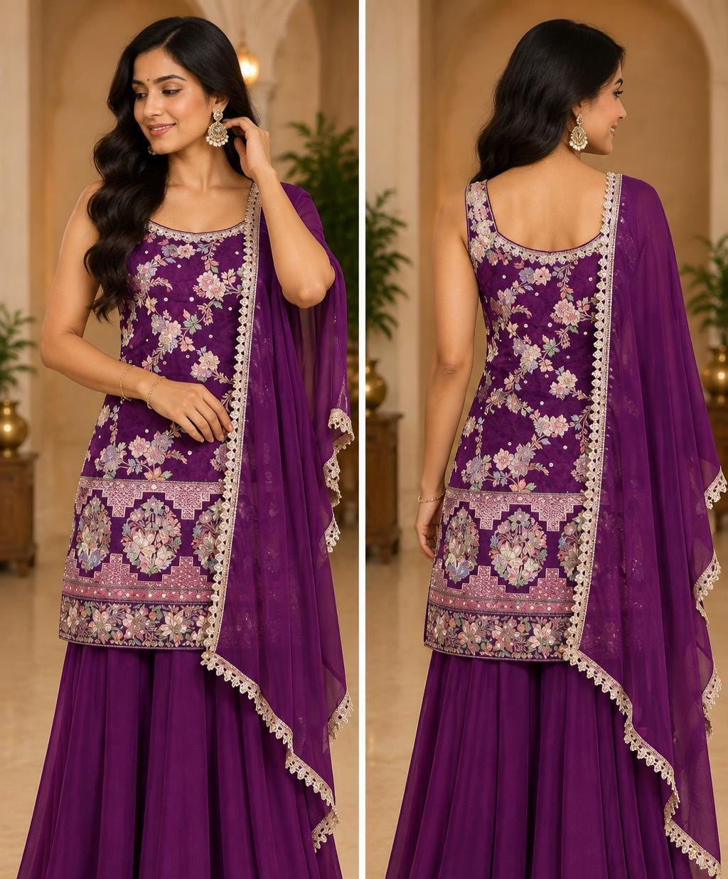 Purple Brocade Sharara Set - 3-Piece Indian Floral Embroidered Outfit with Dupatta